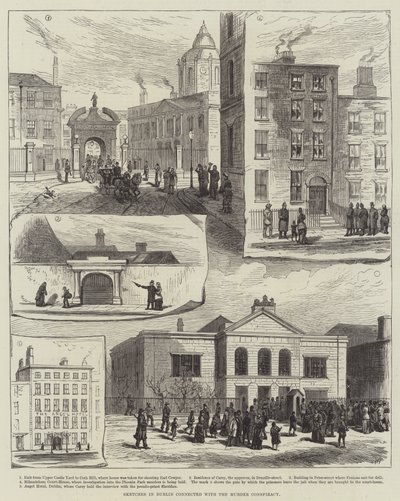 Skizzen in Dublin im Zusammenhang mit der Mordverschwörung (Gravur) von English School