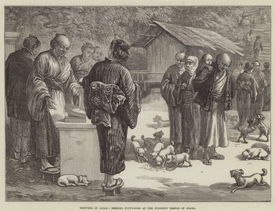 Skizzen in Japan, Welpenfütterung im buddhistischen Tempel von Oyama von English School