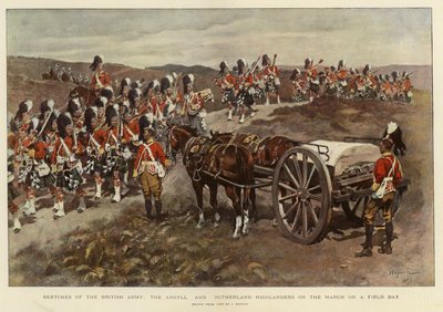 Skizzen der britischen Armee, die Argyll und Sutherland Highlanders auf dem Marsch an einem Feldtag von English School