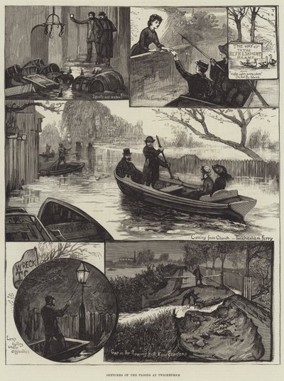 Skizzen der Überschwemmungen in Twickenham (Stich) von English School
