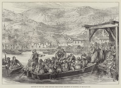 Kriegsskizzen, griechische Flüchtlinge aus Kavarna gehen in Baltschik, am Schwarzen Meer, an Bord (Stich) von English School