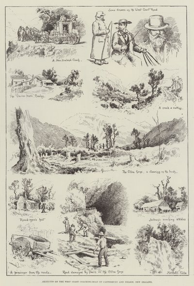 Skizzen an der Westküsten-Kutschstraße von Canterbury und Nelson, Neuseeland (Stich) von English School
