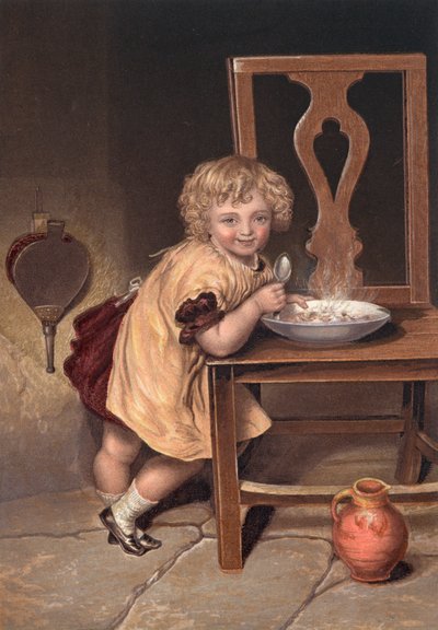 Lächelndes Kind, das eine Mahlzeit von einem Stuhl isst (Farblithografie) von English School