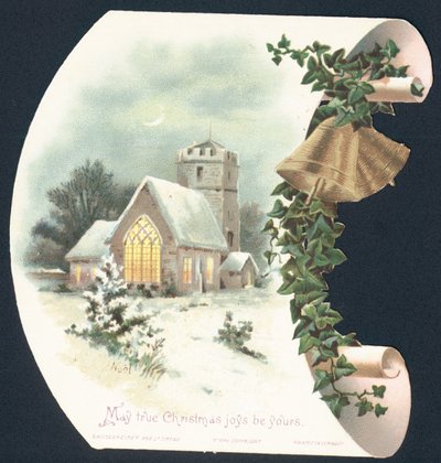 Schneelandschaft und Kirche, Weihnachtskarte von English School