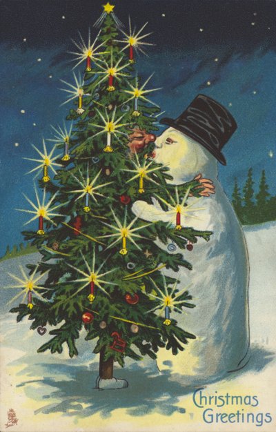 Schneemann und Weihnachtsbaum küssen sich von English School