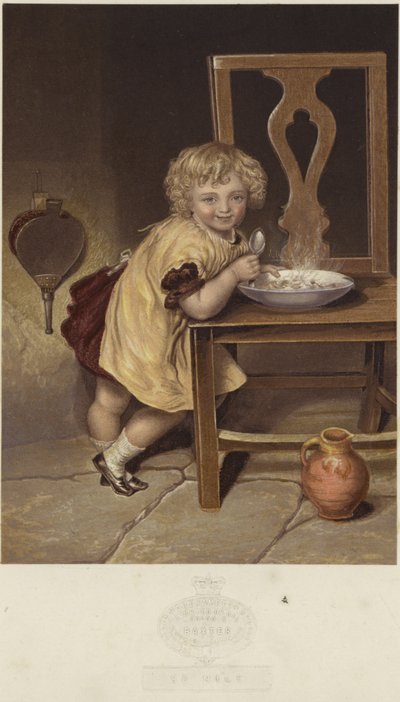 So schön, eine Darstellung eines jungen Mädchens, das eine Schüssel dampfendes Essen isst von English School