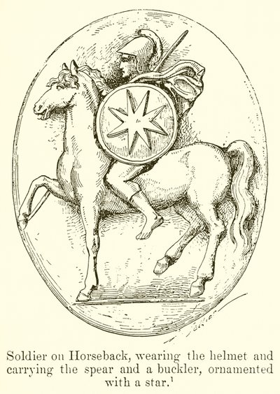 Soldat zu Pferd, mit Helm und Speer und Schild, verziert mit einem Stern von English School