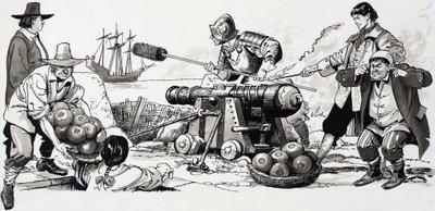 Soldaten feuern eine Kanone ab von English School