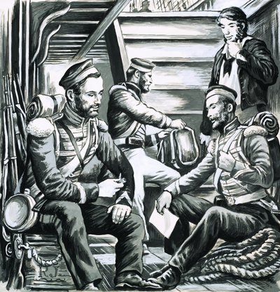 Soldaten unter Deck im Gespräch von English School