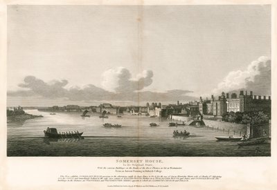 Somerset House, London, in seinem ursprünglichen Zustand mit den verschiedenen Gebäuden am Ufer der Themse bis Westminster von English School