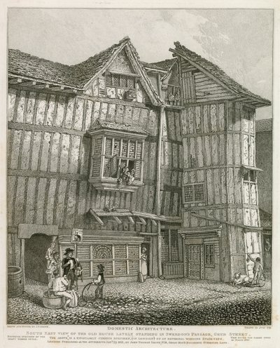 Südostansicht eines alten Hauses, das kürzlich in Sweedons Passage, Grub Street, stand von English School