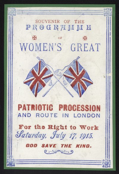 Souvenirprogramm des Frauenmarsches für das Recht auf Arbeit, London, 17. Juli 1915 von English School