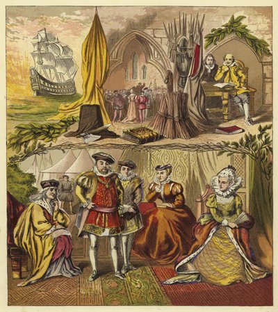 Souveräne der Linie Tudor; König Heinrich VII, König Heinrich VIII, König Eduard VI, Königin Maria, Königin Elisabeth I von English School