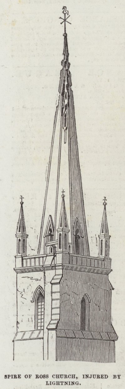 Turm der Ross-Kirche, durch Blitzschlag beschädigt (Gravur) von English School