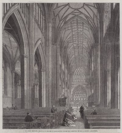 St. Mary Redcliff, Bristol, im Prozess der Restaurierung unter der Leitung von Mr. G. Godwin, Architekt (Stich) von English School