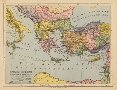 Die Reisen des Paulus und die in den Apostelgeschichten und Briefen erwähnten Orte (Farblithografie) von English School