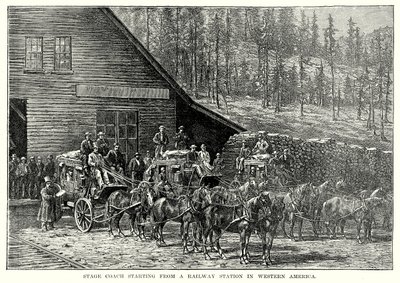 Postkutsche startet von einem Bahnhof in Westamerika (Gravur) von English School