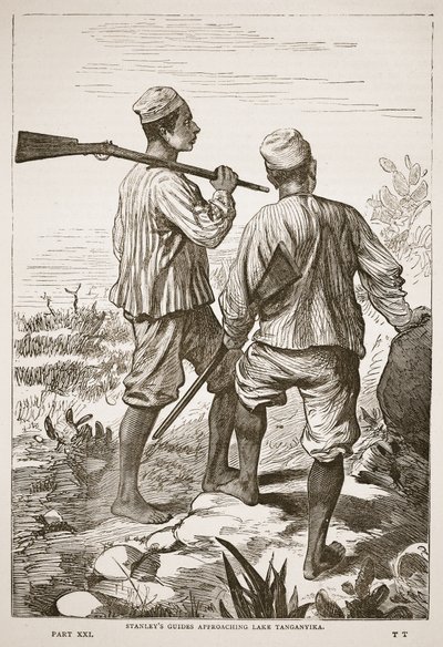 Stanleys Führer nähern sich dem Tanganjikasee, Illustration aus der Bildausgabe des Lebens und der Entdeckungen von David Livingstone von J. Ewing Richie, veröffentlicht von A. Fullarton & Co., 1876 von English School