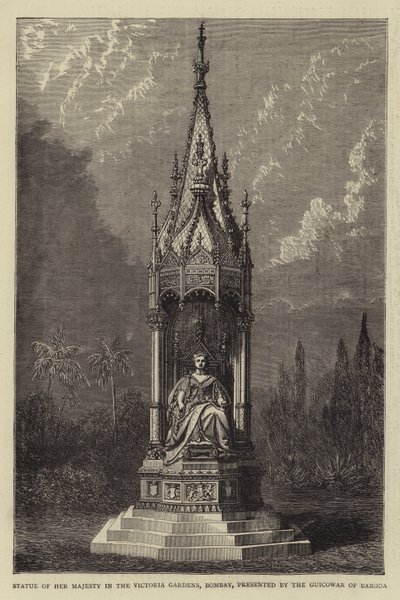 Statue Ihrer Majestät in den Victoria Gardens, Bombay, geschenkt vom Guicowar von Baroda (Stich) von English School