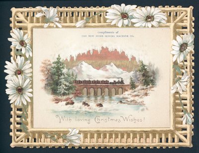 Dampflok überquert Brücke, Weihnachtskarte von English School