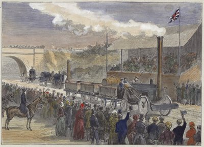 Stephensons Rocket kommt 1829 beim Wettbewerb der Lokomotiven in Rainhill als Erster ins Ziel von English School