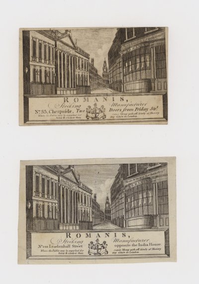 Strumpfhersteller, Romanis, in Cheapside und dann in der Leadenhall Street, Visitenkarte von English School