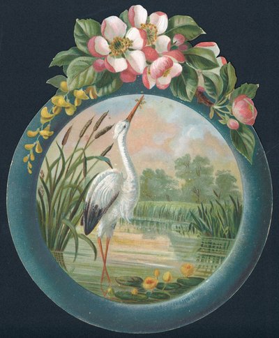 Storch im Wasser stehend, Weihnachtskarte von English School