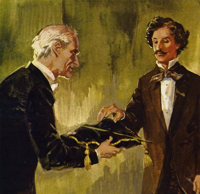 Strauss wurde vom Konzertmeister seines Orchesters mit dem Taktstock seines Vaters geehrt von English School
