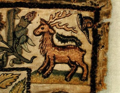 Stumpwork darstellend einen Hirsch (Detail) von English School