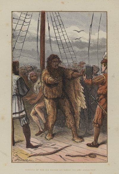Überraschung des großen Eingeborenen beim Anblick seines eigenen Spiegelbildes (farbige Gravur) von English School