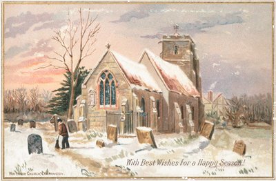 Schnee im Kirchhof wegfegen, Weihnachtskarte von English School