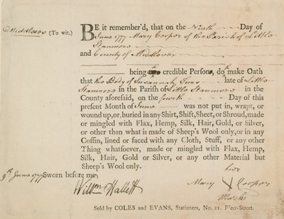 Eidesstattliche Erklärung, dass der Körper von Susannah Sims in Schafwolle begraben wurde von English School