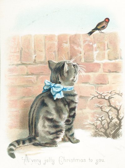 Getigerte Katze beobachtet Fink auf Mauer, Weihnachtskarte von English School