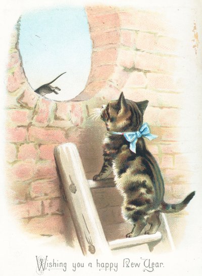 Getigerte Katze beobachtet weglaufende Maus, Neujahrskarte von English School
