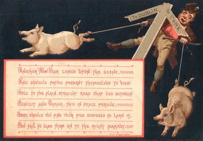 Schweine zum Markt bringen, Neujahrskarte von English School