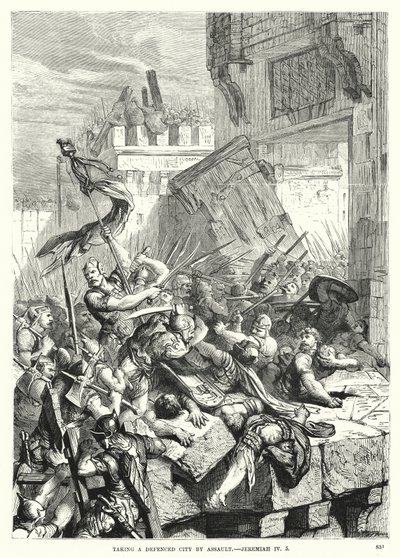 Einnahme einer befestigten Stadt im Sturm, Jeremia IV, 5 (Gravur) von English School