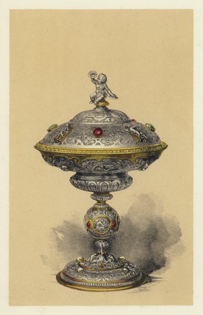 Tazza mit Deckel, in Silber mit Edelsteinen besetzt von English School