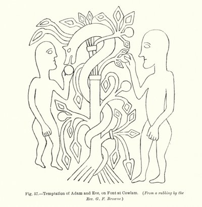 Versuchung von Adam und Eva, auf dem Taufbecken in Cowlam von English School