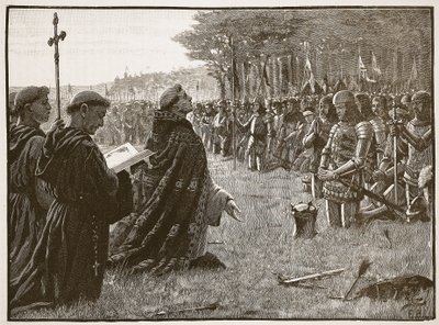Dankgebet der englischen Armee nach der Schlacht von Agincourt, 25. Oktober 1415, Illustration aus Cassells Illustrierter Geschichte Englands von English School