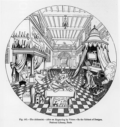Der Alchemist, nach einem Stich von Vriese, Illustration aus Wissenschaft und Literatur im Mittelalter und der Renaissance, geschrieben und graviert von Paul Lacroix, 1878 von English School