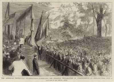 Die amerikanischen Jahrhundertfeiern, Ausstellung der Originalunabhängigkeitserklärung in Philadelphia, 4. Juli (Gravur) von English School
