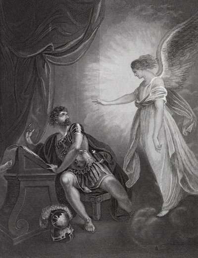 Der Engel erscheint Cornelius, Apostelgeschichte, Kap. 10, Vers 4 (Gravur) von English School