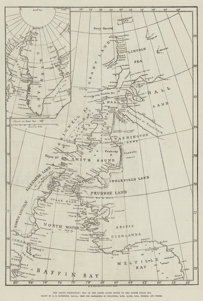 Die Arktisexpedition, Karte der Smith-Sound-Route zum Nordpolarmeer (Stich) von English School
