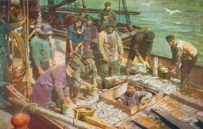 Die Ankunft eines Nordseefischereibootes, das den Fang an Land bringt von English School
