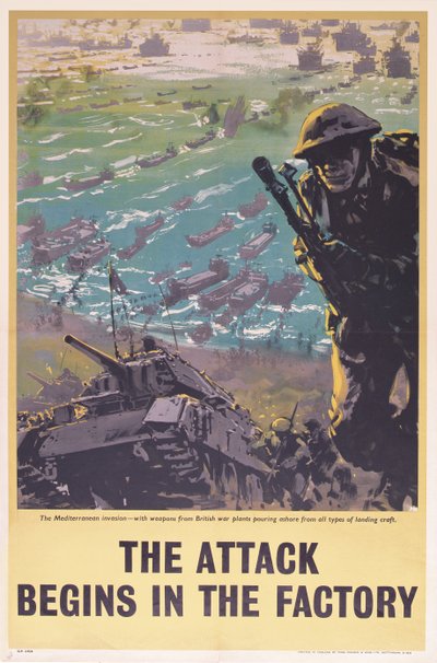 Der Angriff beginnt in der Fabrik, Zweiter Weltkrieg Plakat, 1943 von English School