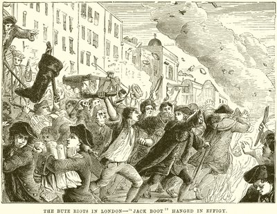 Die Bute-Unruhen in London - Jack Boot als Puppe aufgehängt von English School