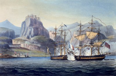 Die Eroberung der Var durch die HMS Belle Poule vor Korfu, 1809, aus The Naval Chronology of Great Britain von J. Ralfe von English School