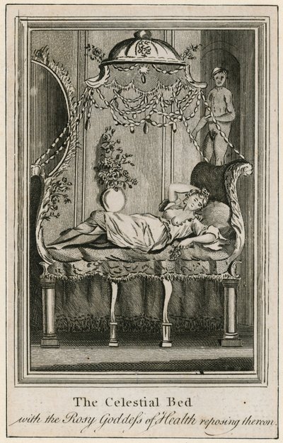 Das himmlische Bett mit der rosigen Göttin der Gesundheit darauf ruhend von English School