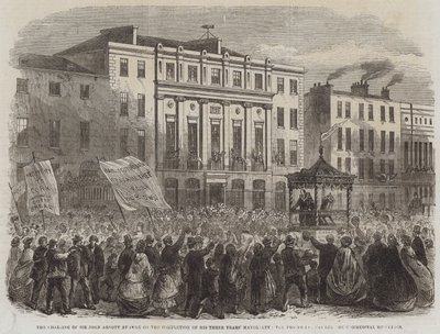 Die Ehrung von Sir John Arnott in Cork nach Abschluss seiner dreijährigen Amtszeit als Bürgermeister, die Prozession passiert die Handelsgebäude (Stich) von English School