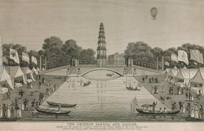 Die chinesische Pagode und Brücke, errichtet über den Kanal im St Jamess Park für das große Jubiläum, 1814 von English School